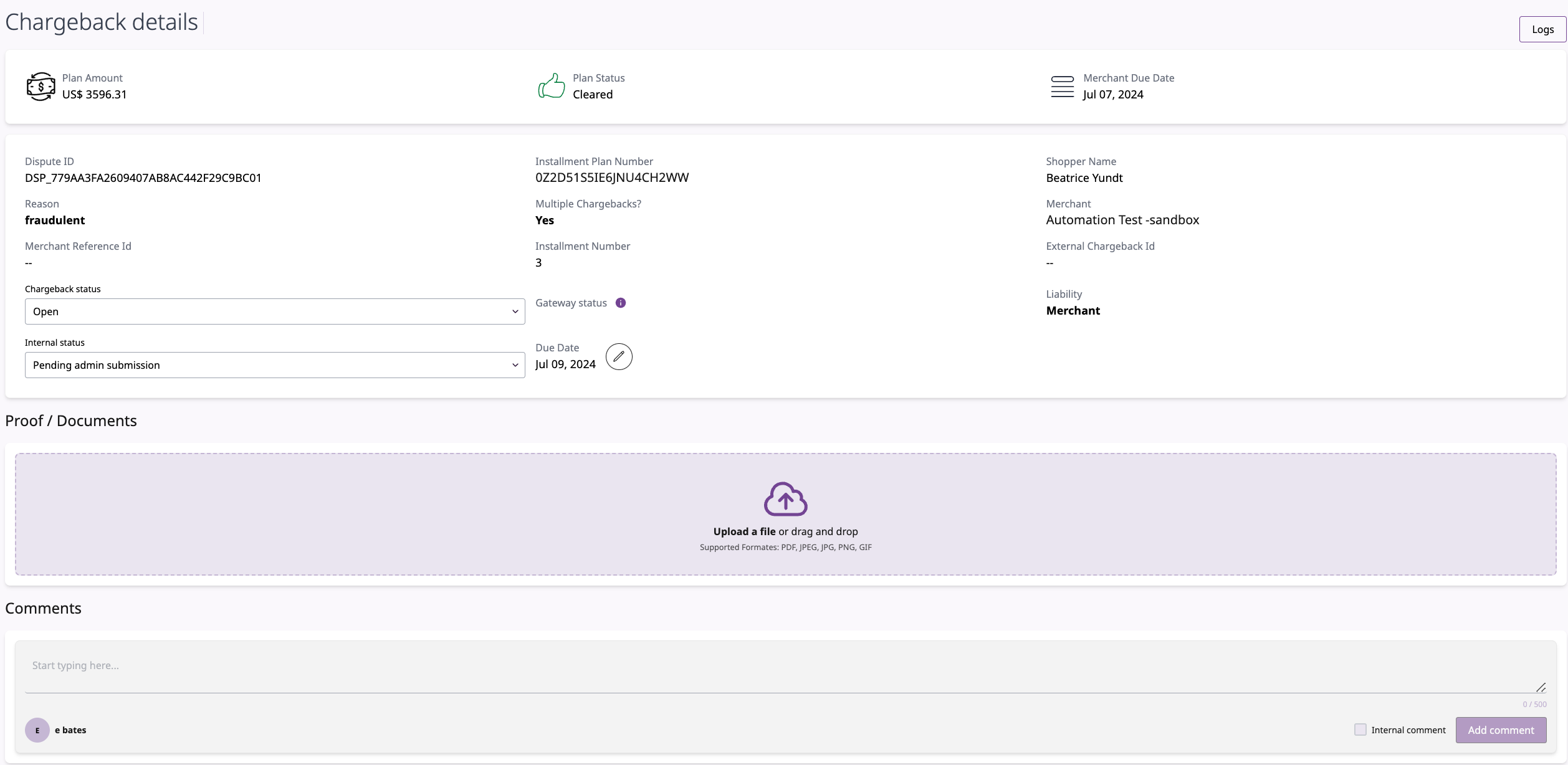 chargeback details submit