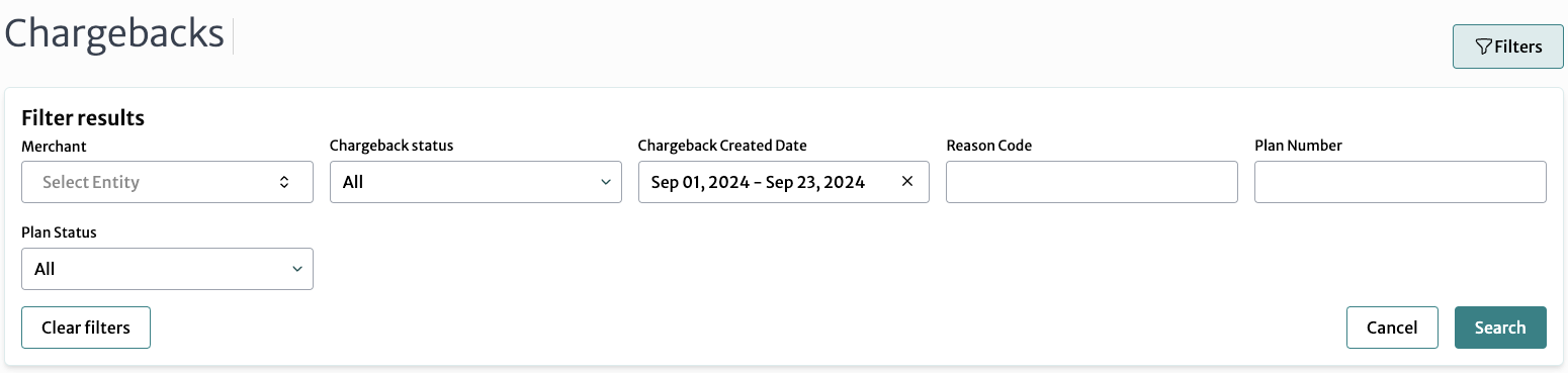 hub chargebacks filter