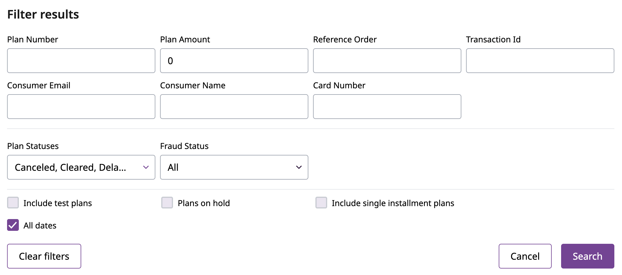 payment plans filter results