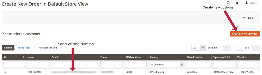 select or create customer