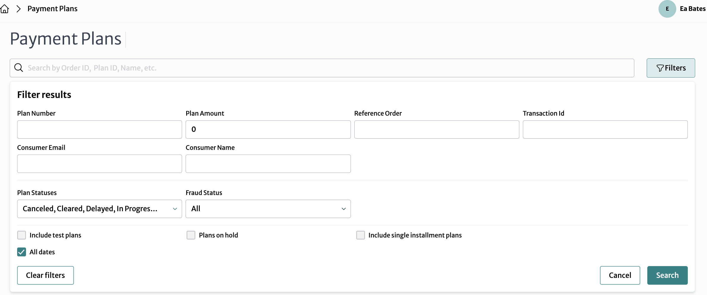 payment plans filter results