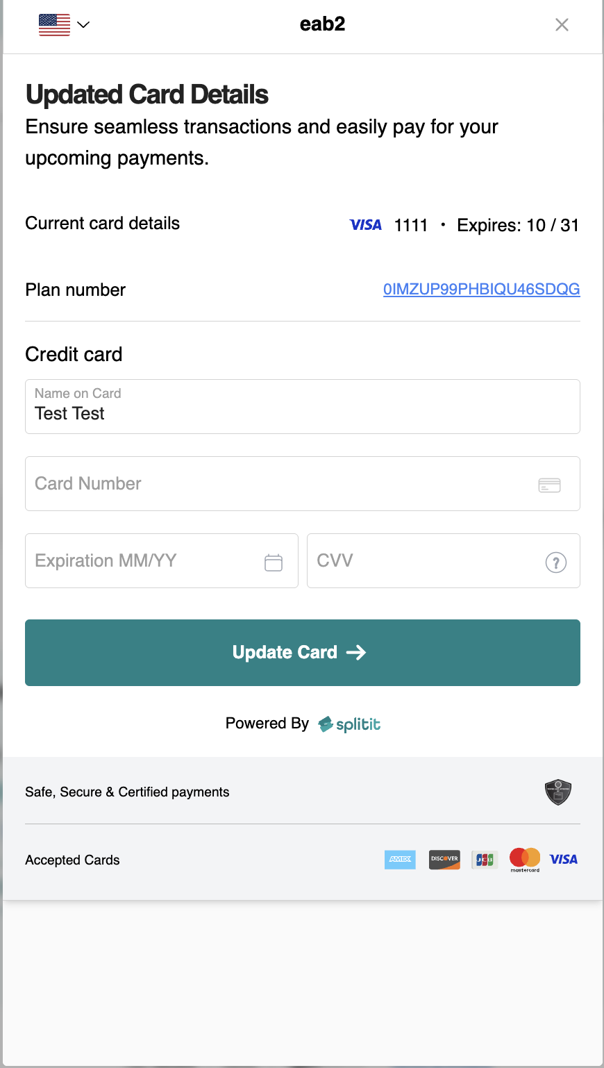 update card popup