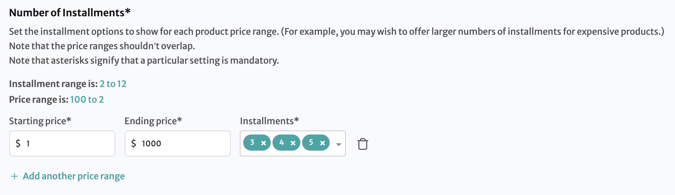 installment ranges